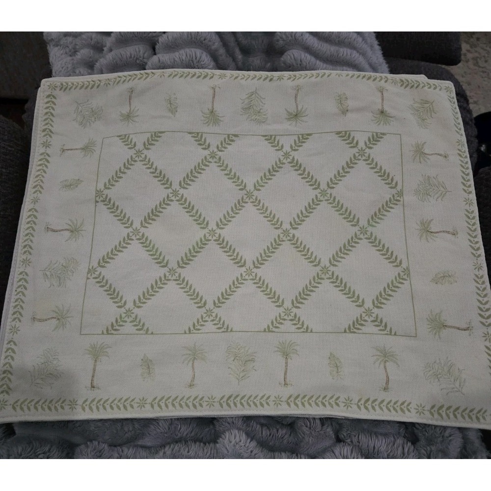 Set of 8 Tropical Palm Tree Botanical Leaf Green Cream Rectangular Placemats